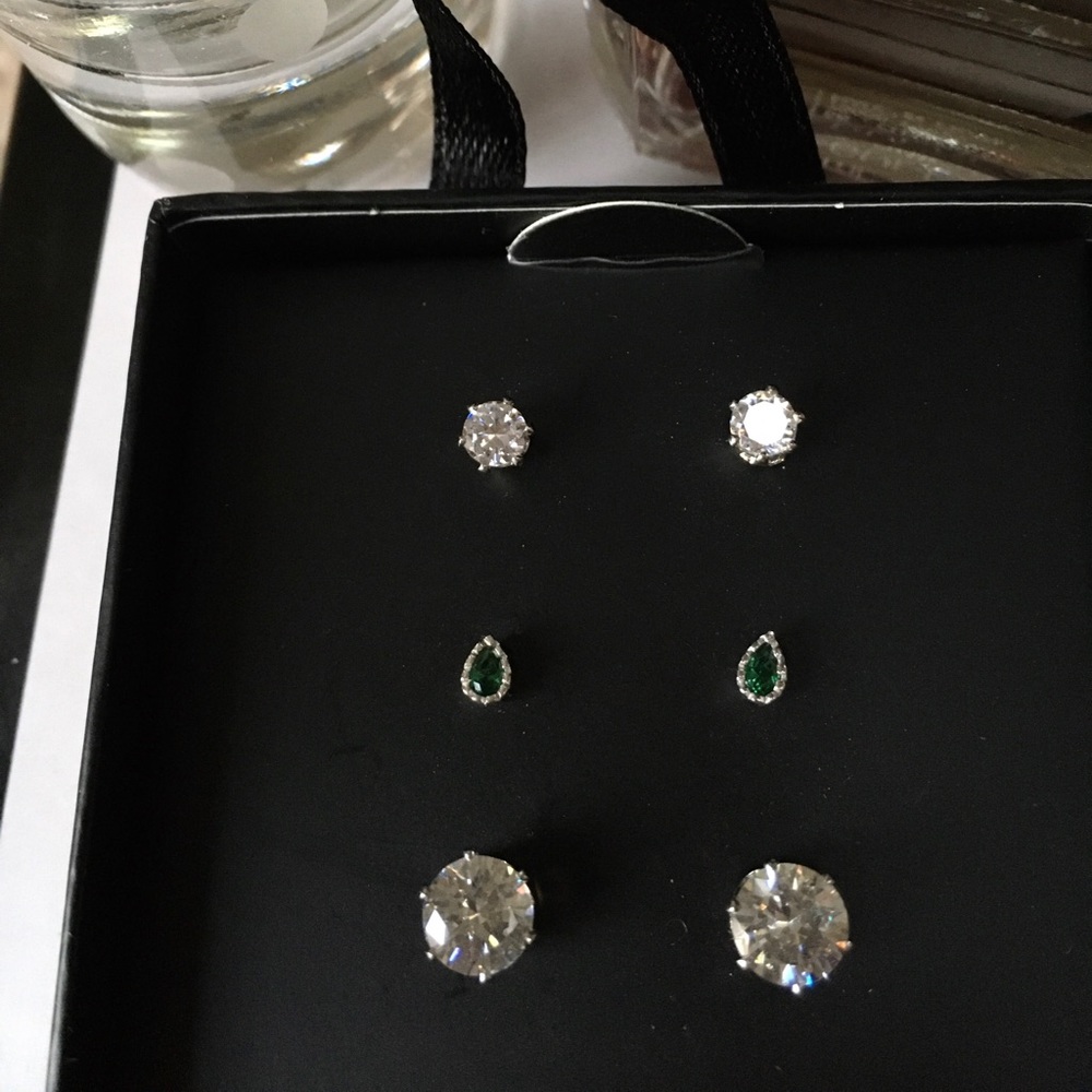 Silver Emerald Cubic Zirconia CZ Stud Earrings Set